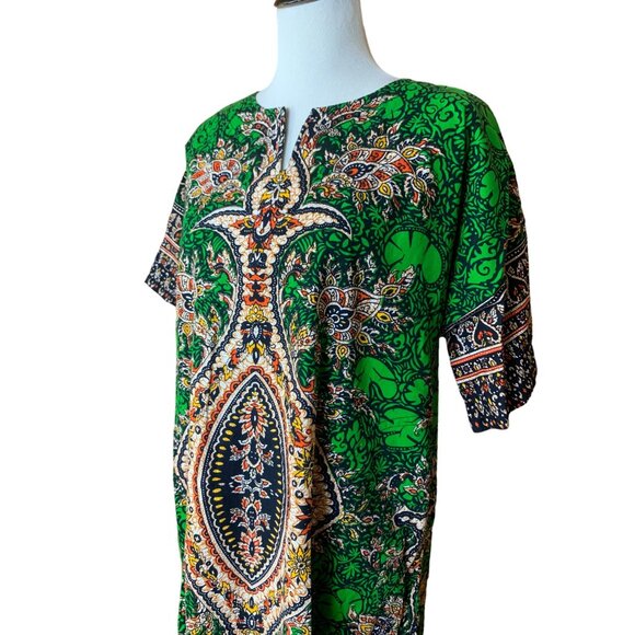 Sabysco Womens Large Bohemian Green & Black Kaftan Dress 100% Cotton Maxi vintag - Picture 2 of 10